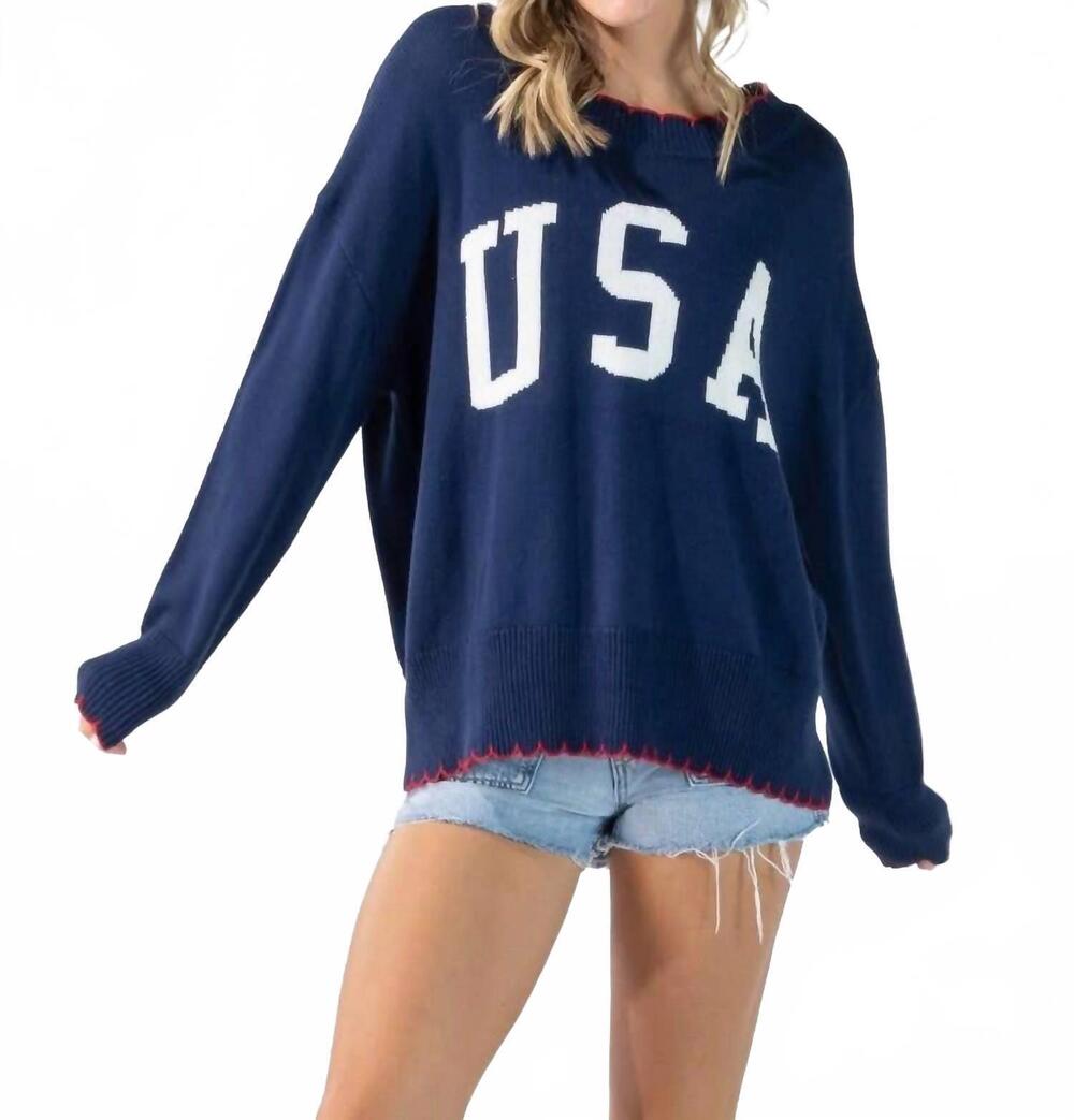NEW SIMPLY SOUTHERN usa scalloped neckline and sleeves sweater in navy